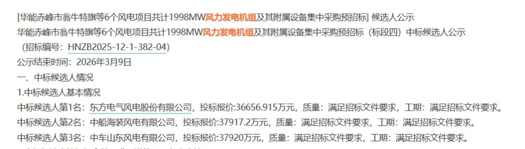 厦门东方风电预中标！华能240MW风电项目