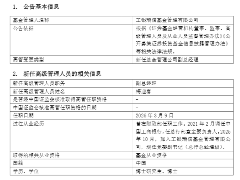 厦门工银瑞信基金迎新副总经理 曾于财政部任职
