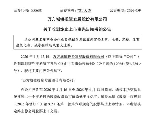 厦门*ST万方面临“市值退” 4月14日开市起停牌